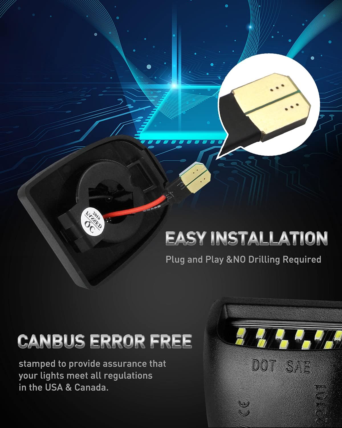 LESAUCE Full LED License Plate Light Tag Lamp Assembly Replacement for Chevy Silverado 1500 2500 3500 Suburban Tahoe GMC Sierra Yukon XL for Escalade, 6000K White, Pack of 2